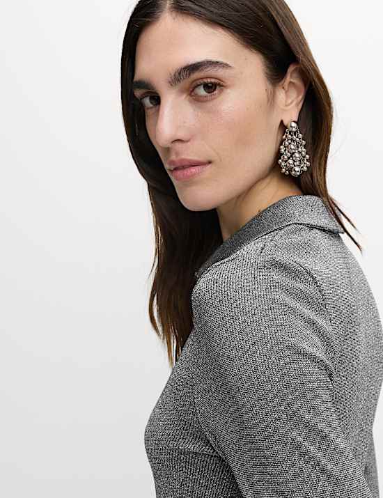 Sparkly Collared Button Detail Long Sleeve Top