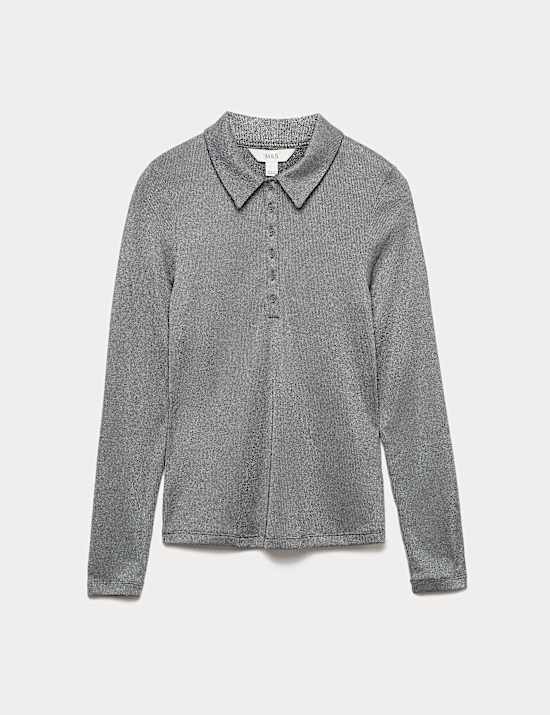 Sparkly Collared Button Detail Long Sleeve Top