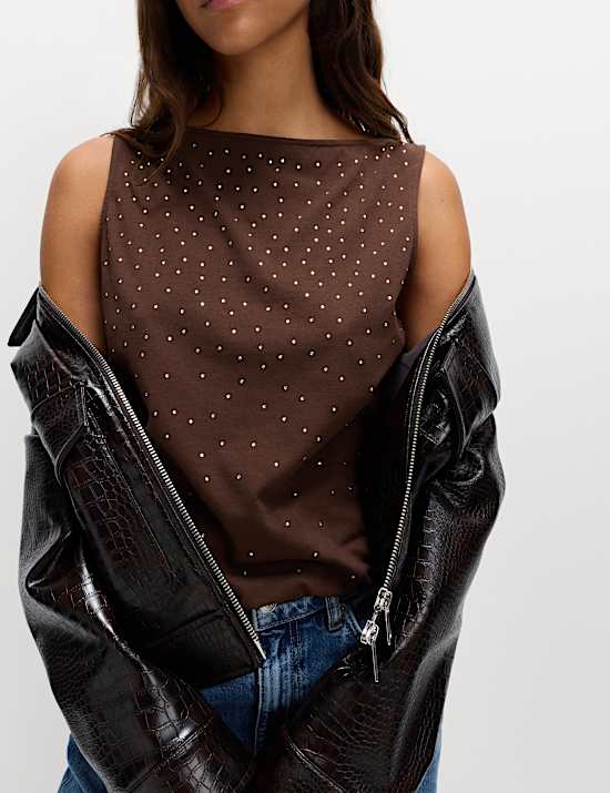 Cotton Rich Embellished Slash Neck Vest