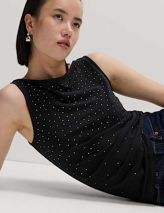 Cotton Rich Embellished Slash Neck Vest