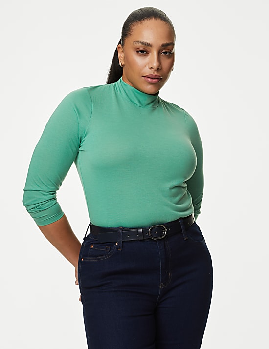 Jersey Roll Neck Relaxed Long Sleeve Top