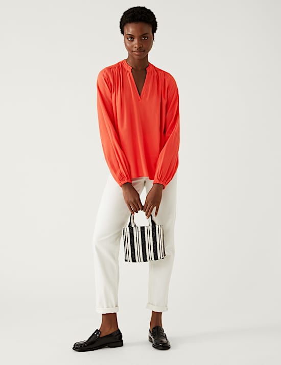 Collarless Regular Fit Long Sleeve Blouse