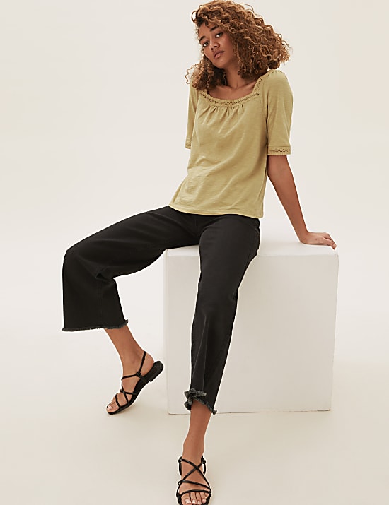 Pure Cotton Embroidered Square Neck Top