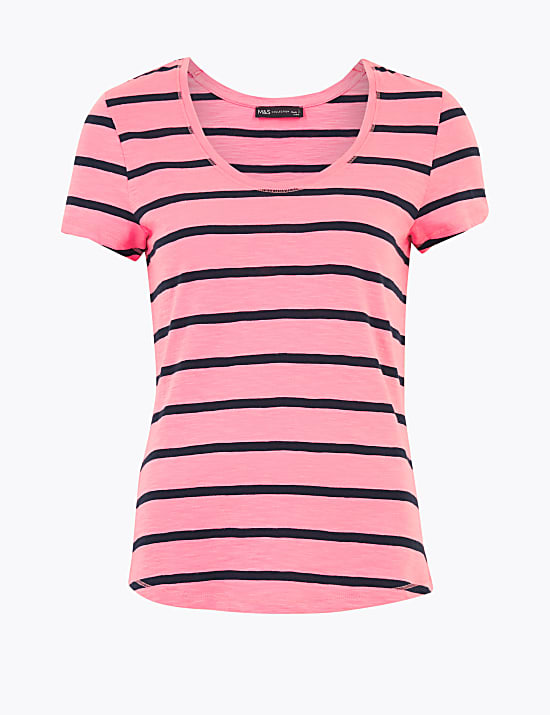 Pure Cotton Striped Scoop Neck T-Shirt