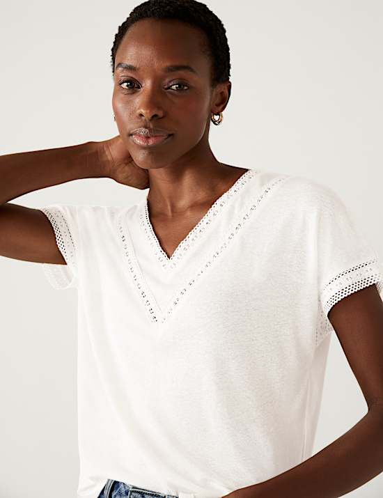 Linen Embroidered V Neck T-Shirt