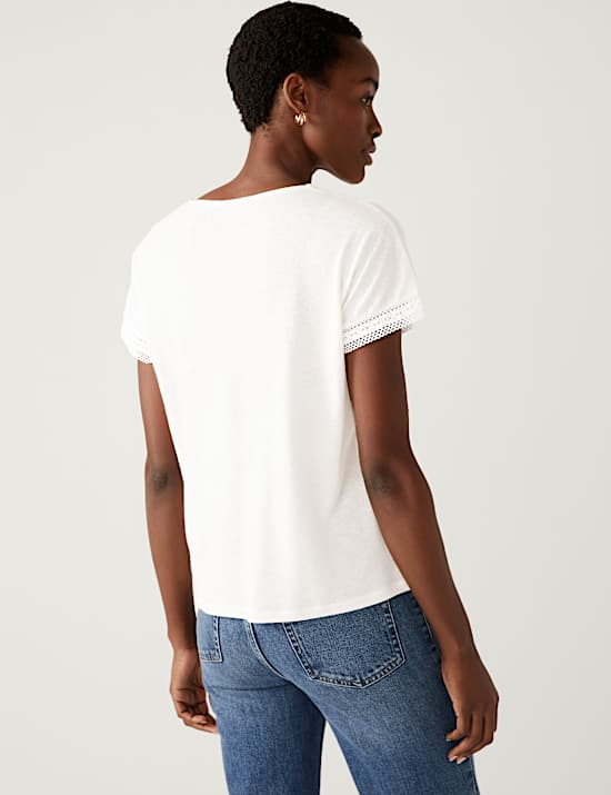 Linen Embroidered V Neck T-Shirt