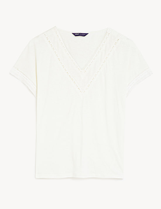 Linen Embroidered V Neck T-Shirt