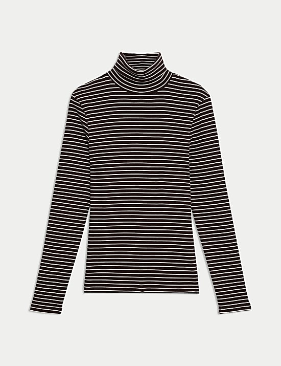 Proužkovan&yacute; top se stoj&aacute;čkem a&nbsp;vysok&yacute;m pod&iacute;lem bavlny