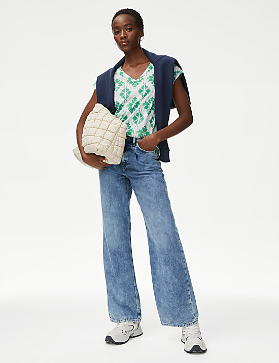 Kaus Oblong Longline Bahan Katun Kerah V Bermotif