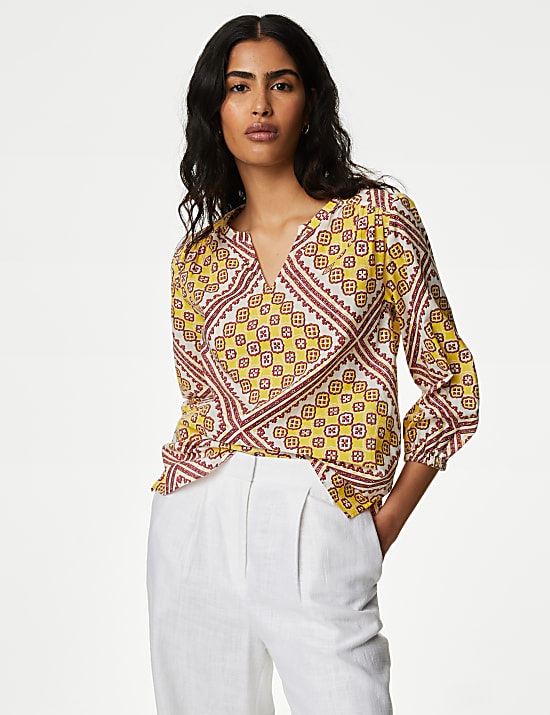 Pure Cotton Printed V-Neck Blouse