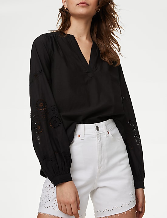 Pure Cotton Embroidered V-Neck Blouse