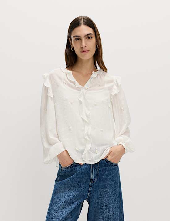 Embellished V-Neck Ruffle Long Sleeve Blouse