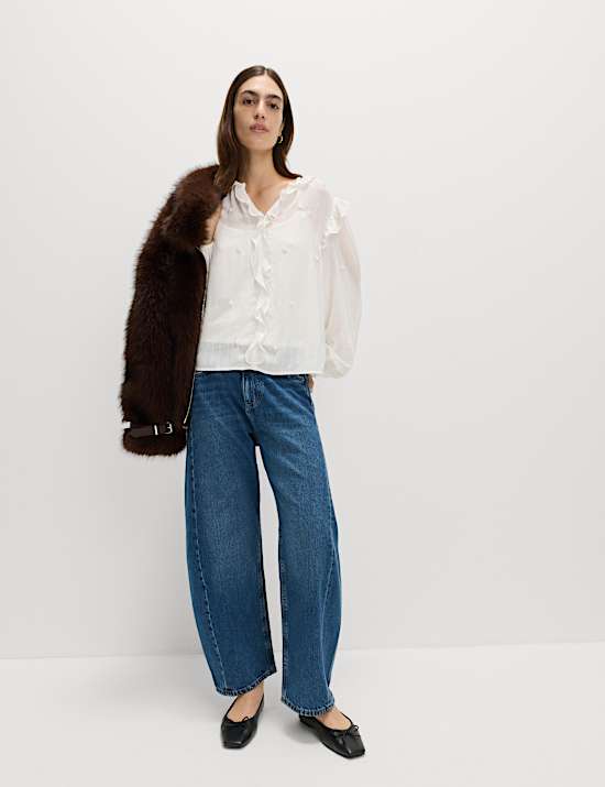 Embellished V-Neck Ruffle Long Sleeve Blouse