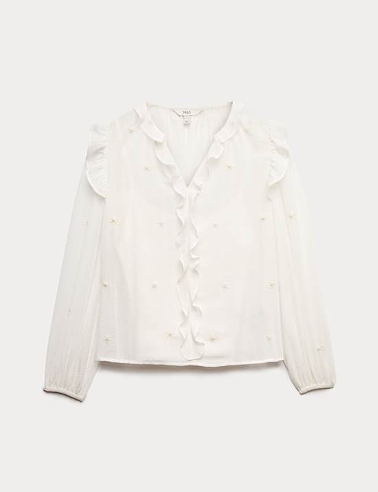 Embellished V-Neck Ruffle Long Sleeve Blouse
