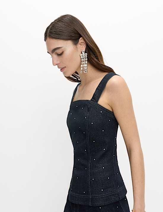 Cotton Rich Embellished Square Neck Denim Top