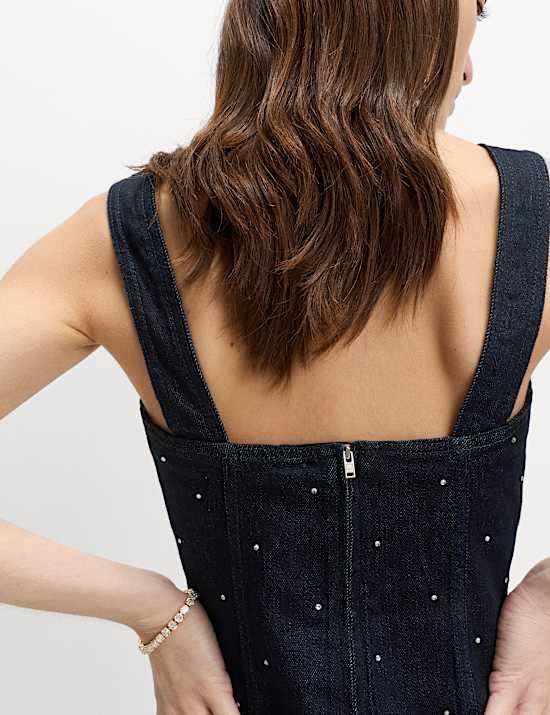 Cotton Rich Embellished Square Neck Denim Top