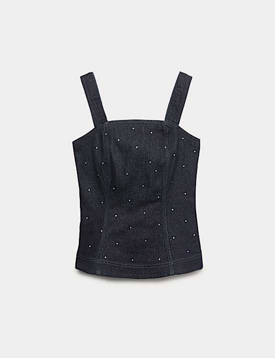 Cotton Rich Embellished Square Neck Denim Top