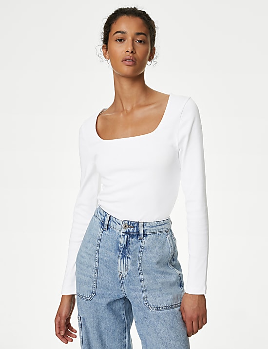 Pure Cotton Square Neck Slim Fit Top