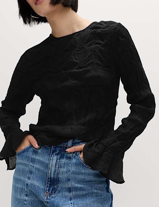 Lace Textured Crew Neck Blouse