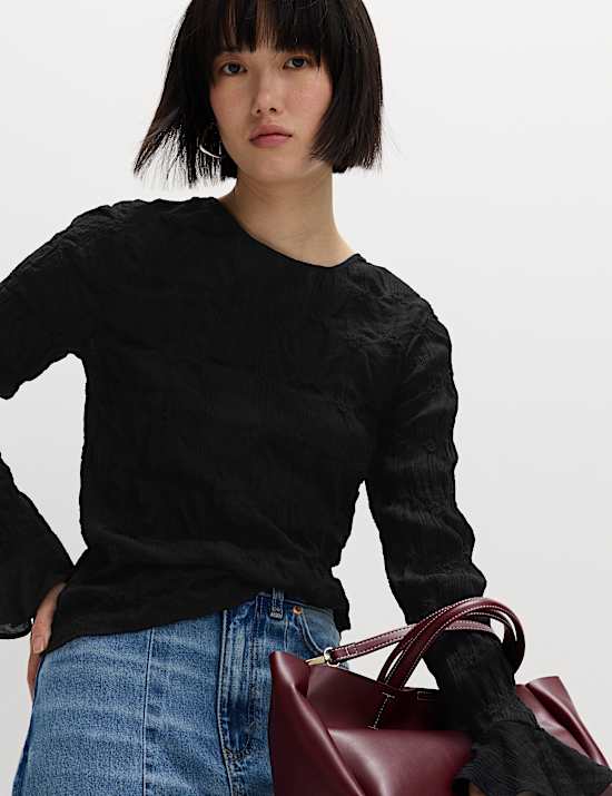 Lace Textured Crew Neck Blouse