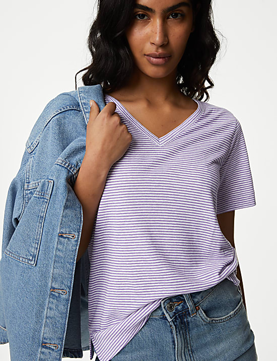 Linen Blend Striped V-Neck Top