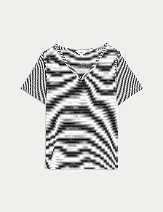 Gestreiftes Oberteil aus Leinenmischgewebe mit V-Ausschnitt