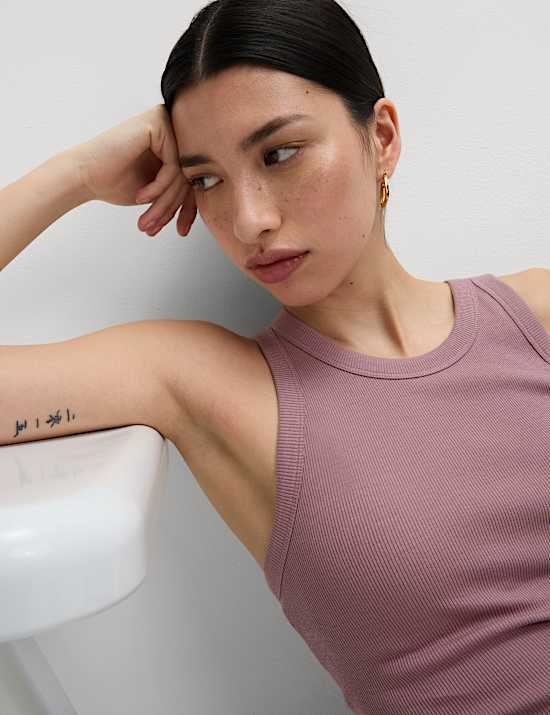 Cotton Rich Ribbed Scoop Neck Bra Vest Top