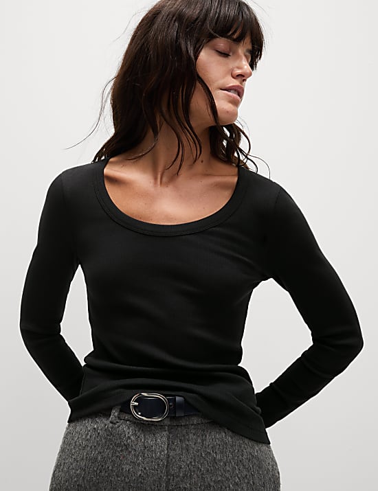Cotton Rich Ribbed Scoop Neck Top