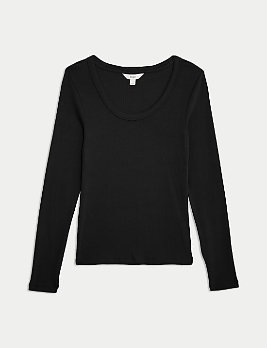 Cotton Rich Ribbed Scoop Neck Top