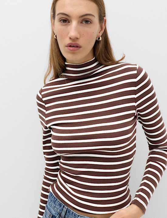 Cotton Rich Ribbed Funnel Neck Top