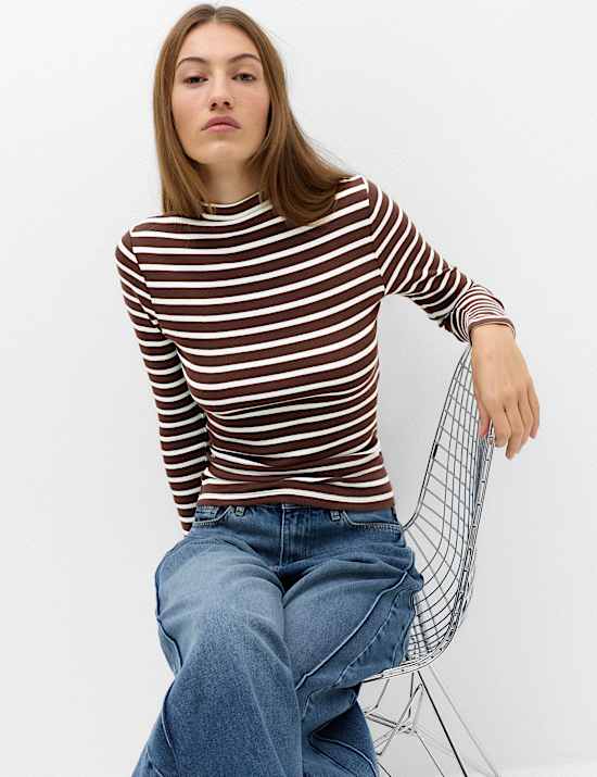 Cotton Rich Ribbed Funnel Neck Top