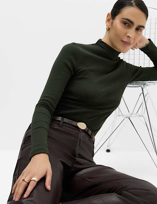 Cotton Rich Ribbed Funnel Neck Top