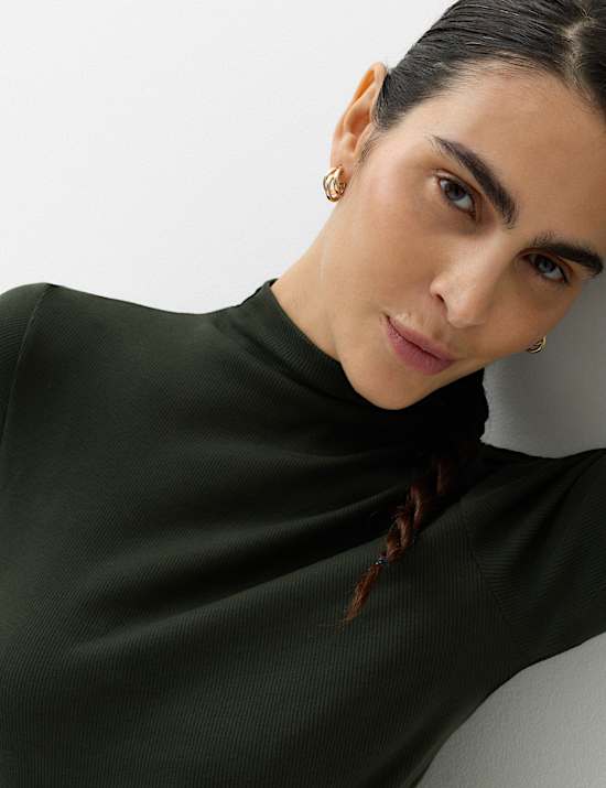 Cotton Rich Ribbed Funnel Neck Top