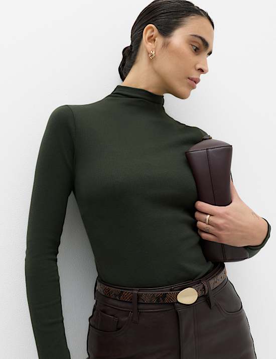 Cotton Rich Ribbed Funnel Neck Top