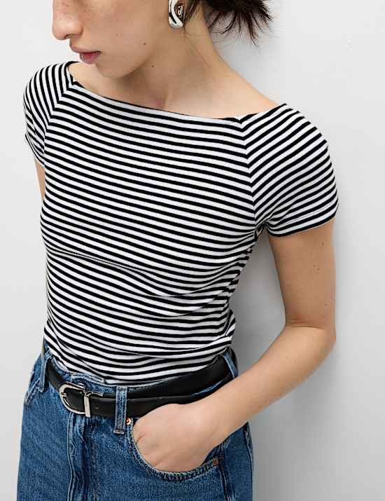 Pure Cotton Striped Off The Shoulder Top