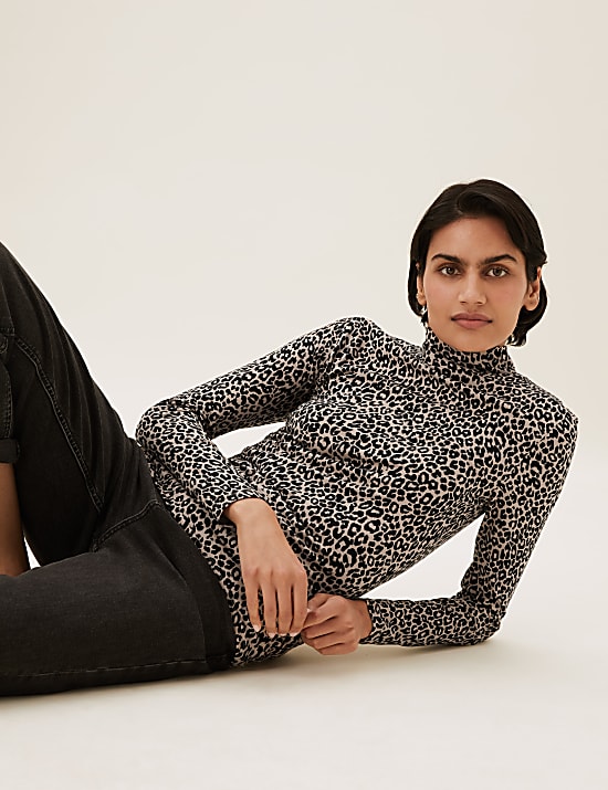 Cotton Rich Animal Print Funnel Neck Top