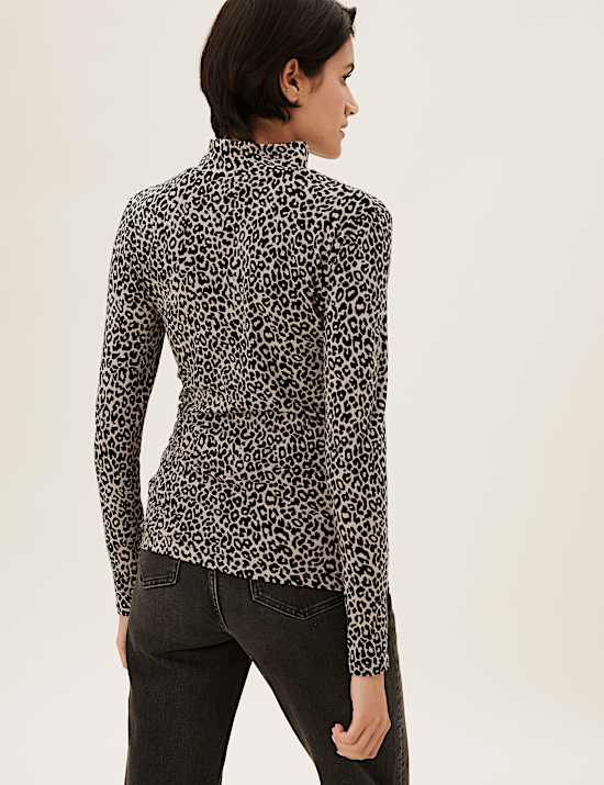 Cotton Rich Animal Print Funnel Neck Top