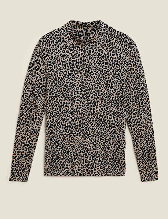 Cotton Rich Animal Print Funnel Neck Top
