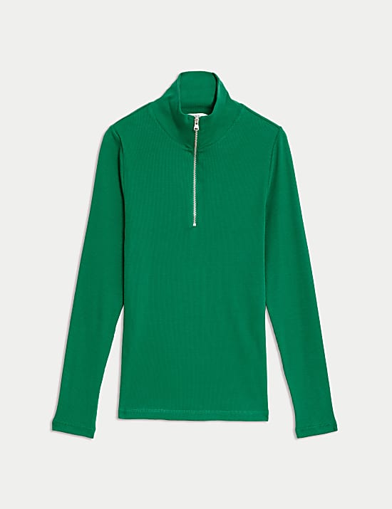 Cotton Rich Ribbed Half Zip Top