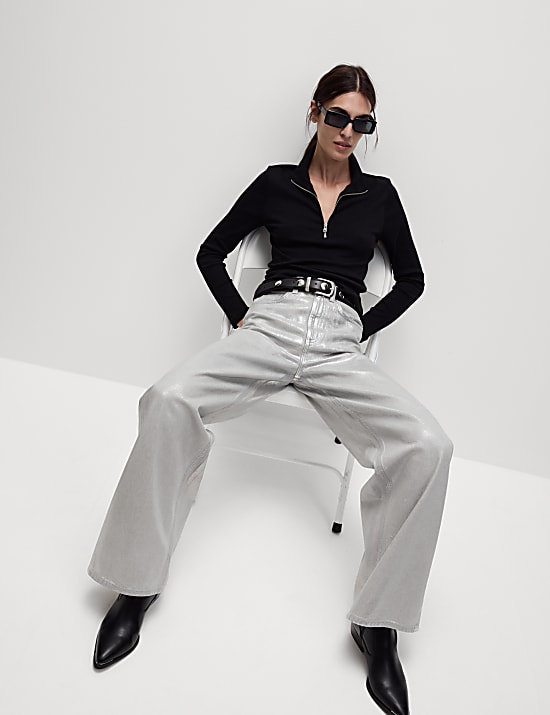 Atasan Berusuk Bahan Katun Ritsleting Pendek