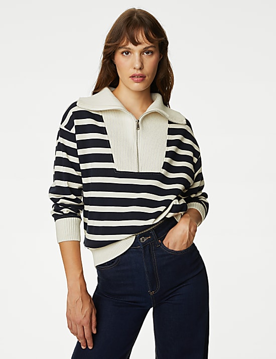 Cotton Rich Striped Half Zip Sweatshirt