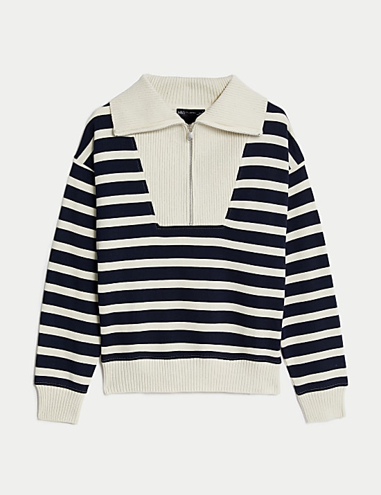 Cotton Rich Striped Half Zip Sweatshirt