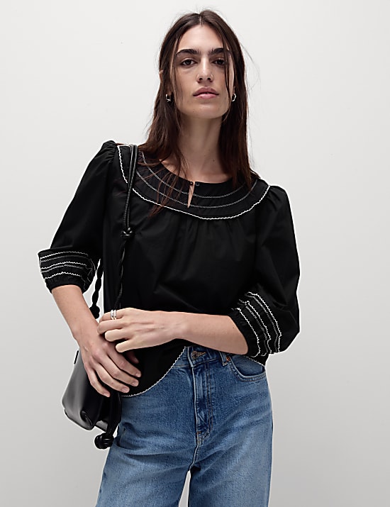 Pure Cotton Embroidered Popover Blouse
