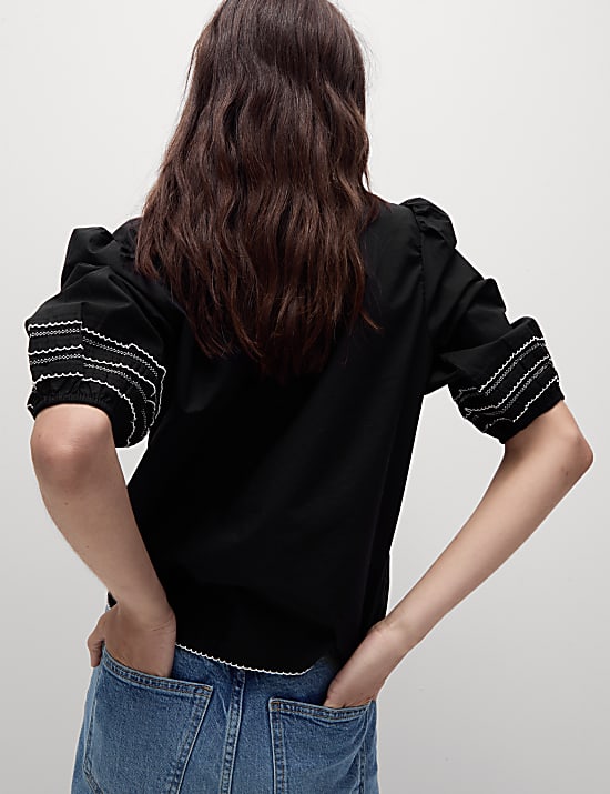 Pure Cotton Embroidered Popover Blouse