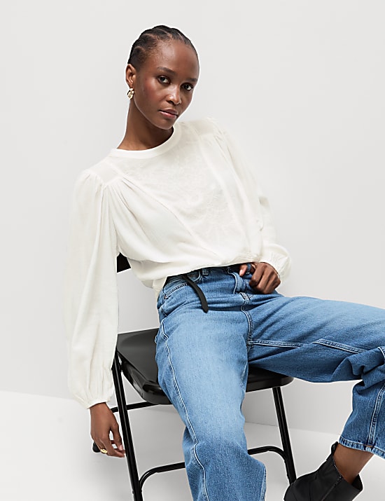 Cotton Blend Embroidered Puff Sleeve Blouse