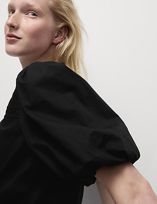 Pure Cotton Smocked Detail Puff Sleeve Top