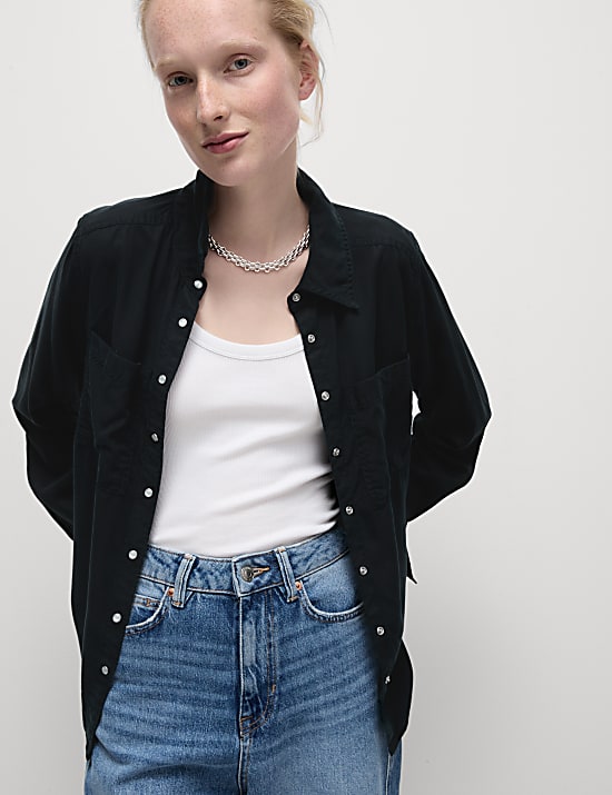 חולצה מסיב תאית טהור עם צווארון וכפתורים לכל האורך