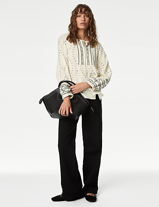 Cotton Rich Embroidered Tie Neck Blouse