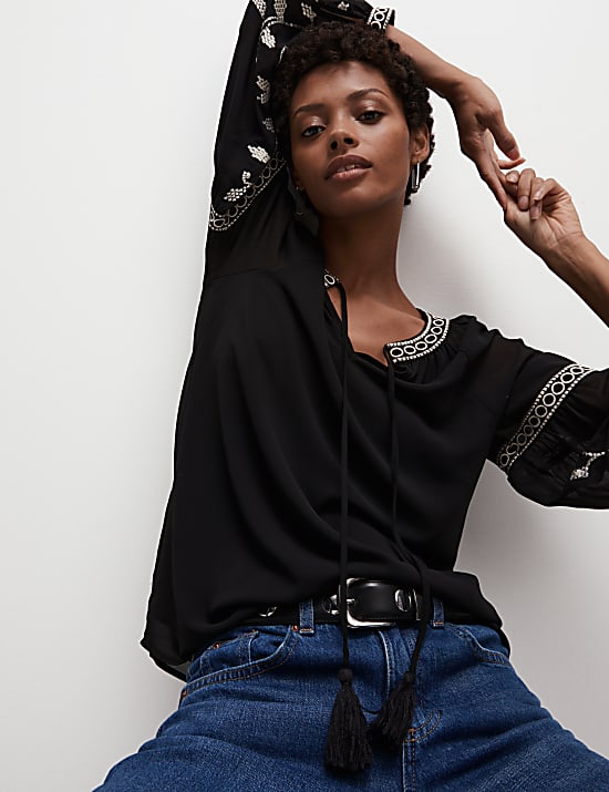 Embroidered V-Neck Blouson Sleeve Blouse