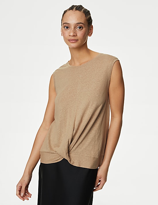 &Auml;rmelloses Oberteil aus Leinenmischgewebe mit Twist-Detail vorne